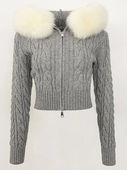 Fashion Natural Fox Fur Collar with Knitted Sweater Women Casual Sweater 2025 New Spring Autumn Slim Fit Elastic Oversized Coat