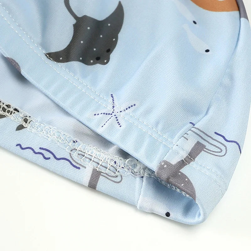 Baby Toddler One-piece Swimsuit With Hat Cartoon Print Kids Short Sleeve Zipper Swimwear Sun Protection For 0-7Y Boys Girls