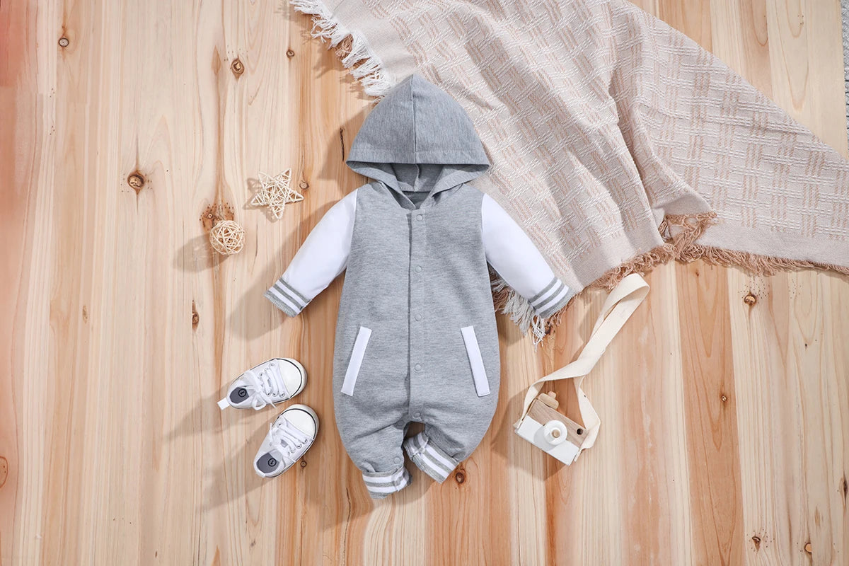 IURNXB Newborn Baby Romper Boys Girls Long Sleeve Colorblock Infant Hooded Outfit Clothes Button Jumpsuits Winter Fall 0-18M