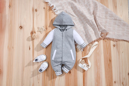 IURNXB Newborn Baby Romper Boys Girls Long Sleeve Colorblock Infant Hooded Outfit Clothes Button Jumpsuits Winter Fall 0-18M