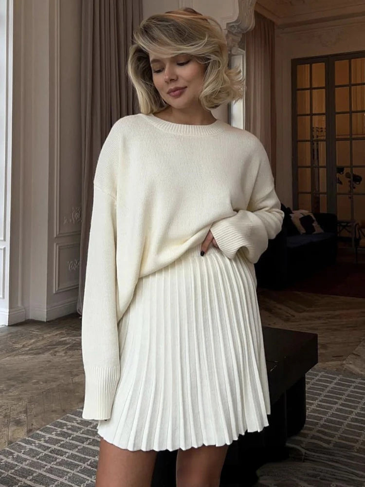 White Knitted Pleated Skirt Women Autumn Winter 2025 New High Waist Mini Skirt Lady's Fashion Korean Solid Women's Short Skirts