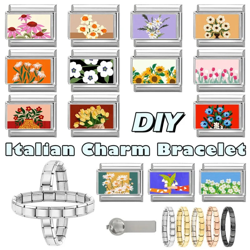 2025 Women's Fashion Colorful Flowers Oil Painting Style Series Italian Charms Fit 9mm Stainless Steel Bracelet DIY Jewelry Gift