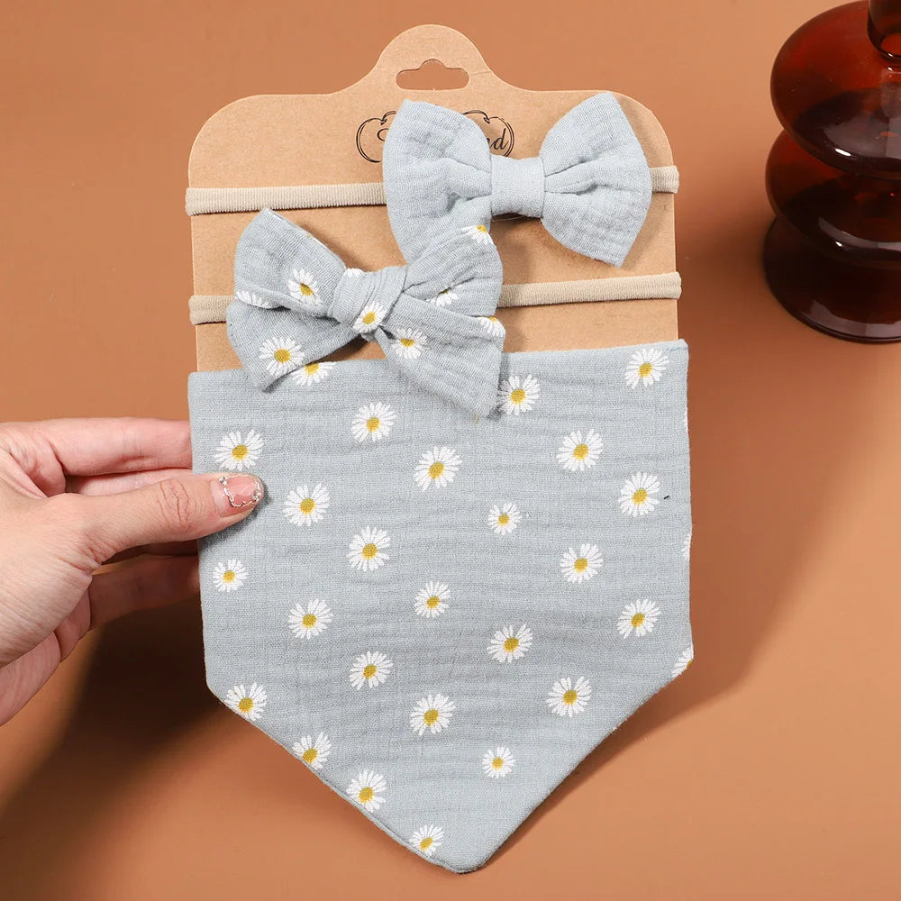 3Pcs/Set Muslin Cotton Print Bib Newborn Bows Headband Triangle Saliva Towel Infant Boy Girl Feeding Burp Baby Hair Accessories