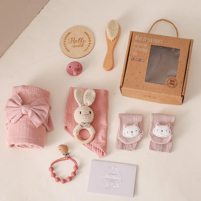 Newborn Bath Set Baby Towel Cotton Blanket Pacifier Chain Bracelet Crochet Rattle Toy Newborn Birth Bath Towel Gift Box