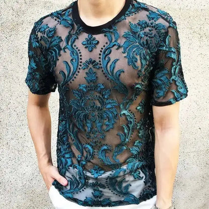 Sexy Round Neck T Shirt Soft Velvet Slim Men Clothing Nightclub Short-sleeved Top Quality Transparent Floral T Shirt See Through