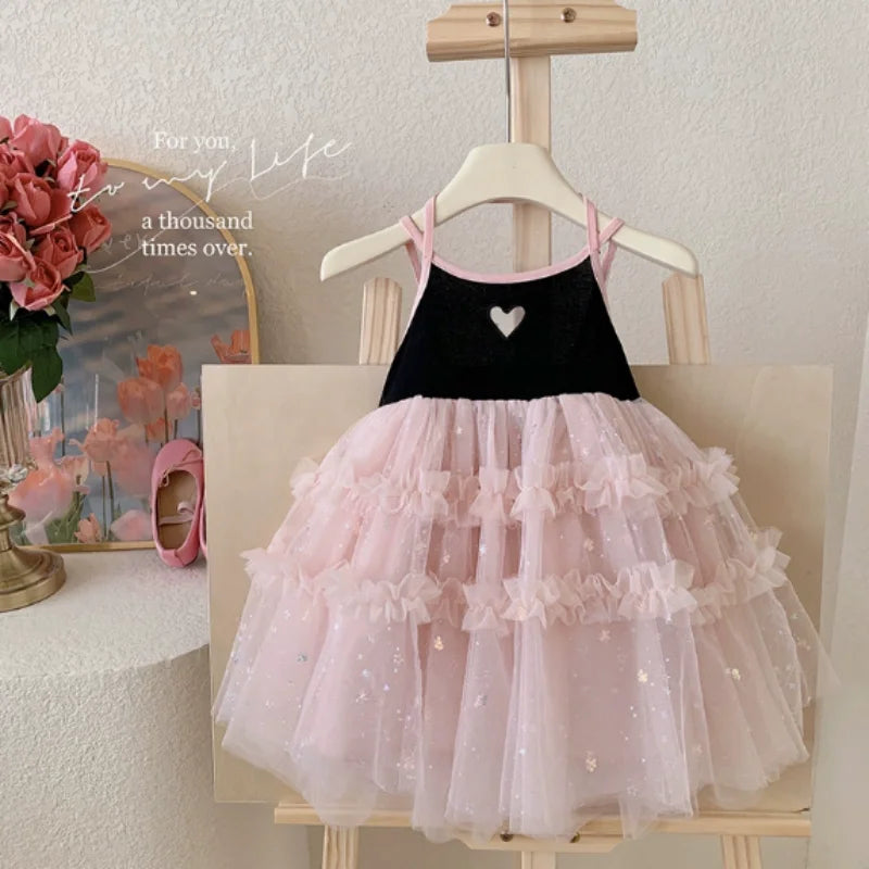 Girls 2024 Summer New Bow Dress Baby Girl Sleeveless Black Pink Princess Dress Toddler Girl Sweet Cute Clothes