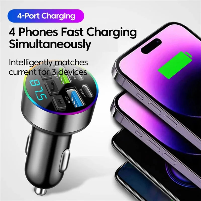 KEBIDUMEI 66W Fast Charge Bluetooth 5.0 FM Transmitter 4 Ports (Dual USB+Type-C) RGB Ambient Light Handsfree Car MP3 Player