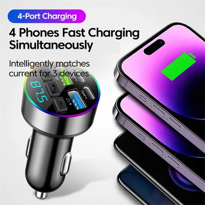 KEBIDUMEI 66W Fast Charge Bluetooth 5.0 FM Transmitter 4 Ports (Dual USB+Type-C) RGB Ambient Light Handsfree Car MP3 Player