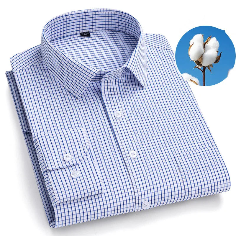 Men's Long Sleeve Shirt High-quality Fashion Casual Print Plaid Stripe Single Pocket Fit Business Formal Office Four Season Top