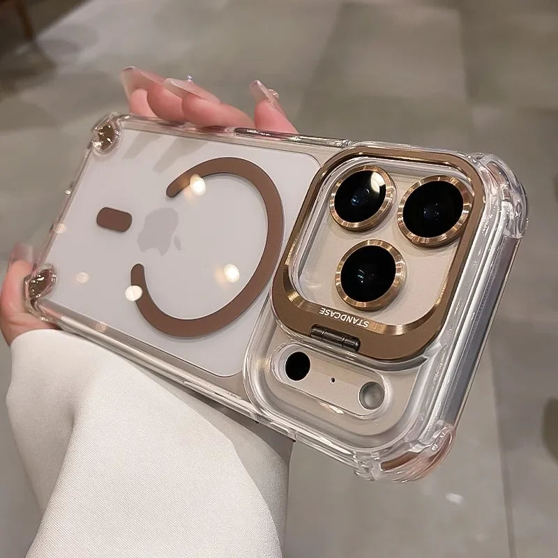 Luxury Transparent Airbag Case For iPhone 17 16 15 14 12 13 Pro Max Plus Air for Magsafe Transparent Camera Stand Holder Cover