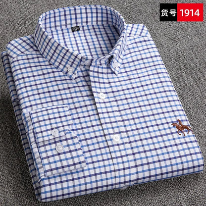 Casual cotton men's shirt slim fit horse logo bottom inch shirt Oxford spinning long sleeved striped shirt