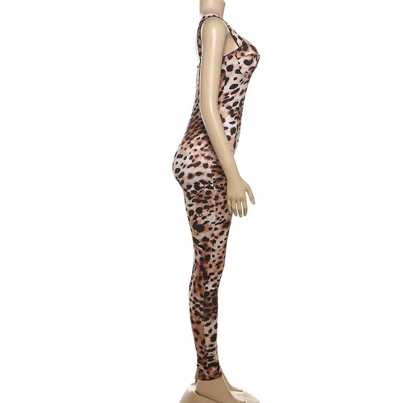 VEITCHE Leopard Printed Women Summer Jumpsuits Sexy Hot Popular Low Neck Spaghetti Strap Skinny Overalls Female Trend Midnight