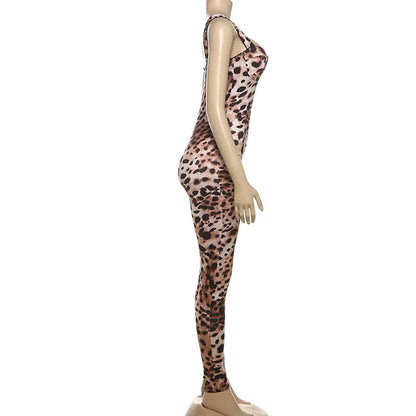 VEITCHE Leopard Printed Women Summer Jumpsuits Sexy Hot Popular Low Neck Spaghetti Strap Skinny Overalls Female Trend Midnight