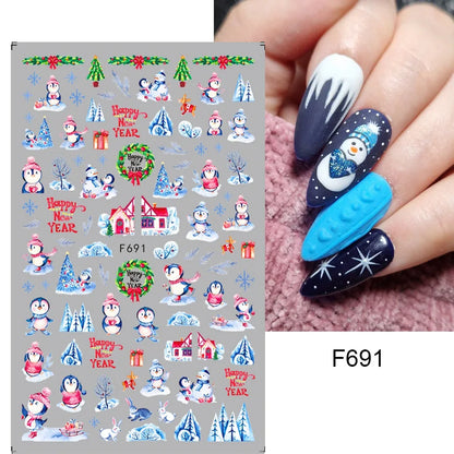 1PCS New Christmas Decorations 2023 New Year Nail Stickers Press on Nails Laser Snowflake Christmas Tree 3D Nail Decal