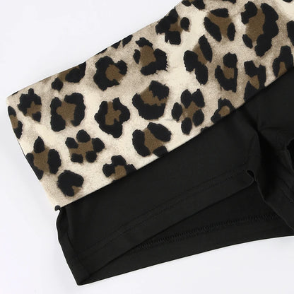 SUCHCUTE Leopard Print Patchwork Skinny Shorts Y2K Aesthetic 2000s Elastic Waist Bottoms Women Fashion Grunge Fairycore Clothes