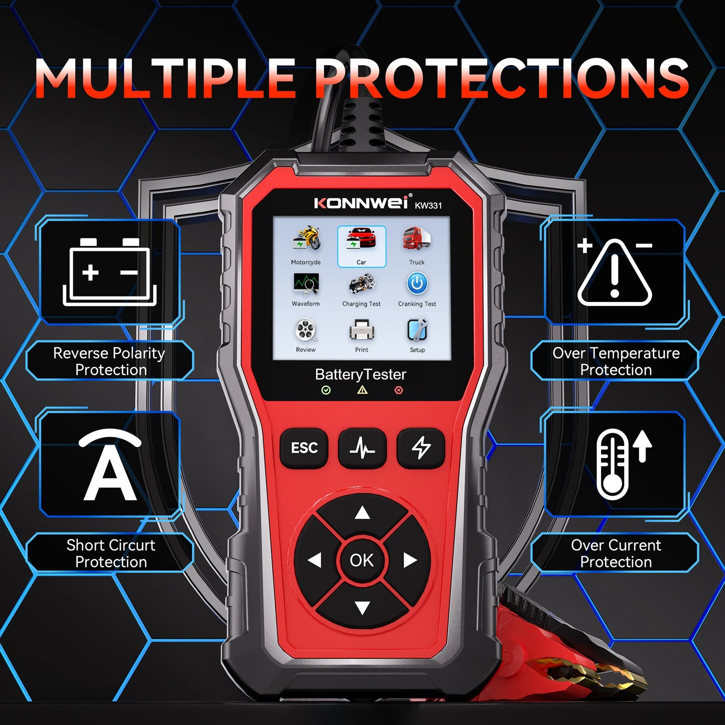 2025 KONNWEi Car Battery Tester Fault Code Clearance Battery Information Monitoring Startup Test Car Battery Charging Scan Tool