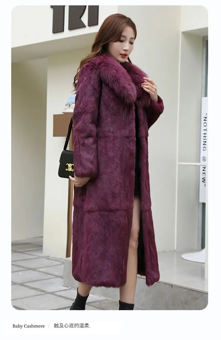 Real Rex Rabbit Fur Coat Women Autumn Winter Long Jacket Thick Warm New Fashion Fox Fur Collar Elegant Female Warm Outerwear