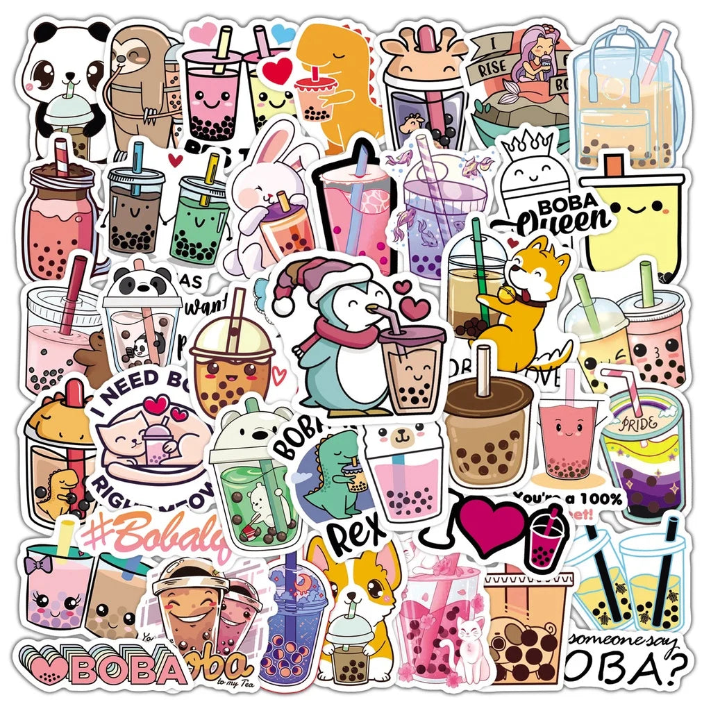 50PCS Cute Cartoon Pearl Milk Tea Stickers Pack For Stationery Luggage Laptop Decal Kids Gift
