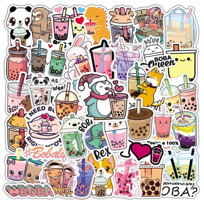 50PCS Cute Cartoon Pearl Milk Tea Stickers Pack For Stationery Luggage Laptop Decal Kids Gift