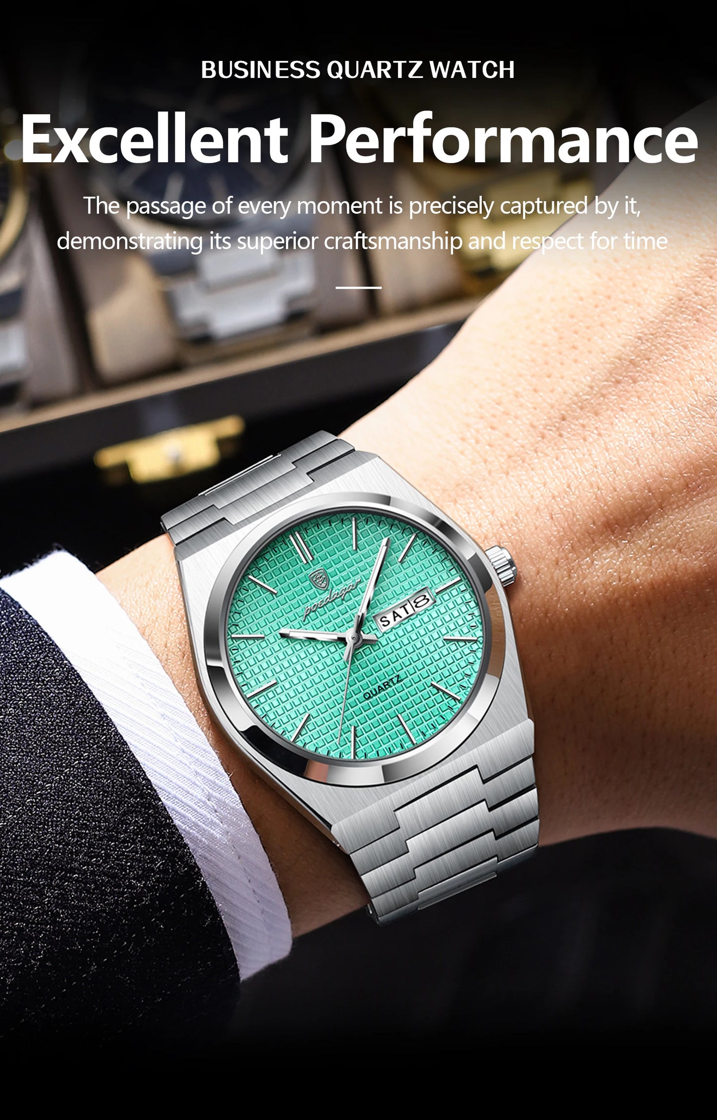 POEDAGAR Top Business Man Watch Luminous Waterproof Stainless Steel Men Wristwatch Date Week Quartz Fashion Casual Men's Watches