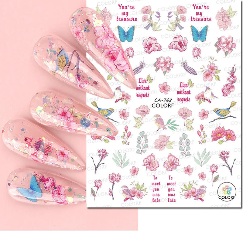 3d Nail Art Decals Watercolor Florals Purple Green Pink Flowers Leafs Fruit Adhesive Sliders Nail Stickers For Manicure