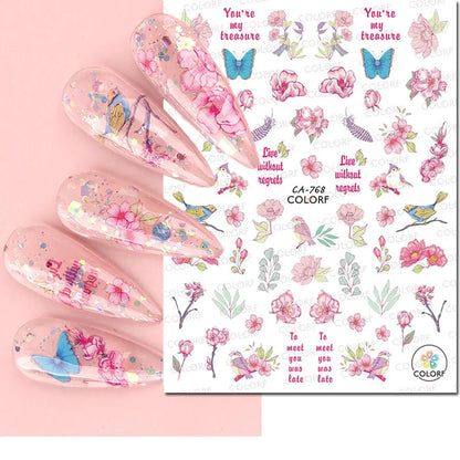 3d Nail Art Decals Watercolor Florals Purple Green Pink Flowers Leafs Fruit Adhesive Sliders Nail Stickers For Manicure