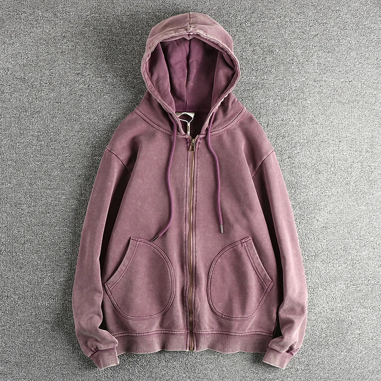 Heavy wash vintage high street trend hoodie men's chunky wool cotton comfort cardigan coat