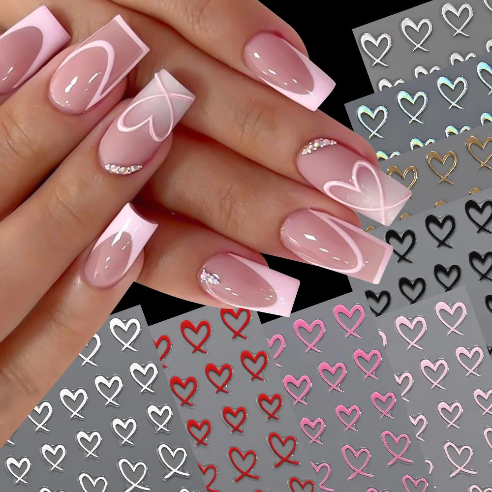 8Colors 3D French Love-Heart Nail Stickers Hollow Sweetheart Adhesive Nail Decals DIY Valentine's Day Simple Manicure Decoration