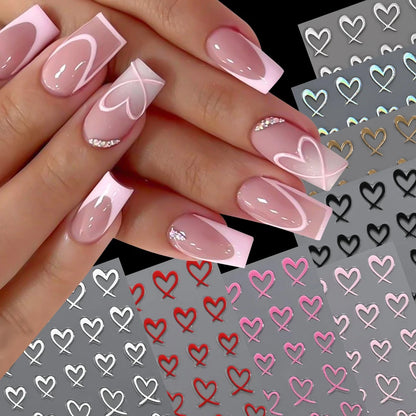 8Colors 3D French Love-Heart Nail Stickers Hollow Sweetheart Adhesive Nail Decals DIY Valentine's Day Simple Manicure Decoration