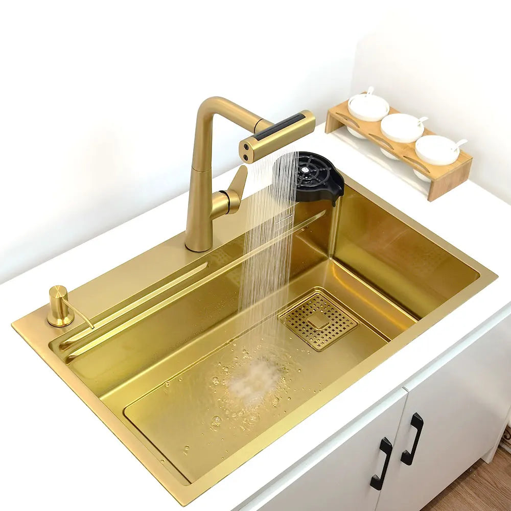 Gold Waterfall Faucet Kitchen Sink Nano Sink 304 Stainless Steel Golden Topmount Single Bowl Wash Basin 4 Function Kitchen Faucet