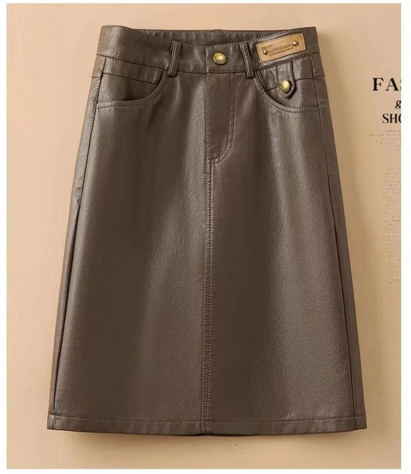 Spring Autumn Winter Leather Skirt Women New Fashion Black Brown High Waist PU A-Line Skirts Large Size S-5XL Female Midi Skirts