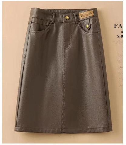 Spring Autumn Winter Leather Skirt Women New Fashion Black Brown High Waist PU A-Line Skirts Large Size S-5XL Female Midi Skirts