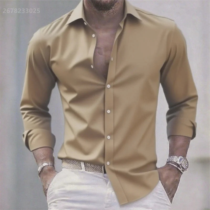 Solid Color Men's Casual White Shirt, Fashionable Casual Long Sleeve Stretch Fabric, Business Formal Shirt, Comfortable Fabric