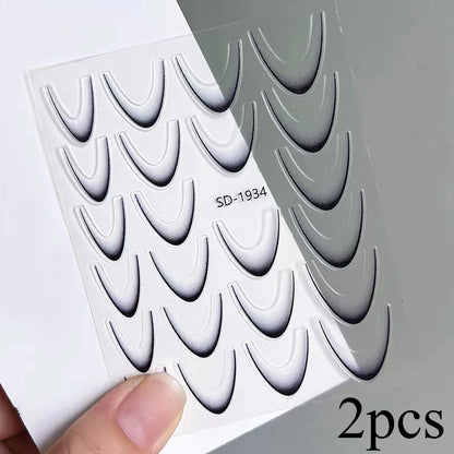 2Sheets French Gradient Line Nail Art Stickers 3D Self-Adhesive White+Black Slider Design Stencil Manicure Guides DIY Nail Decor