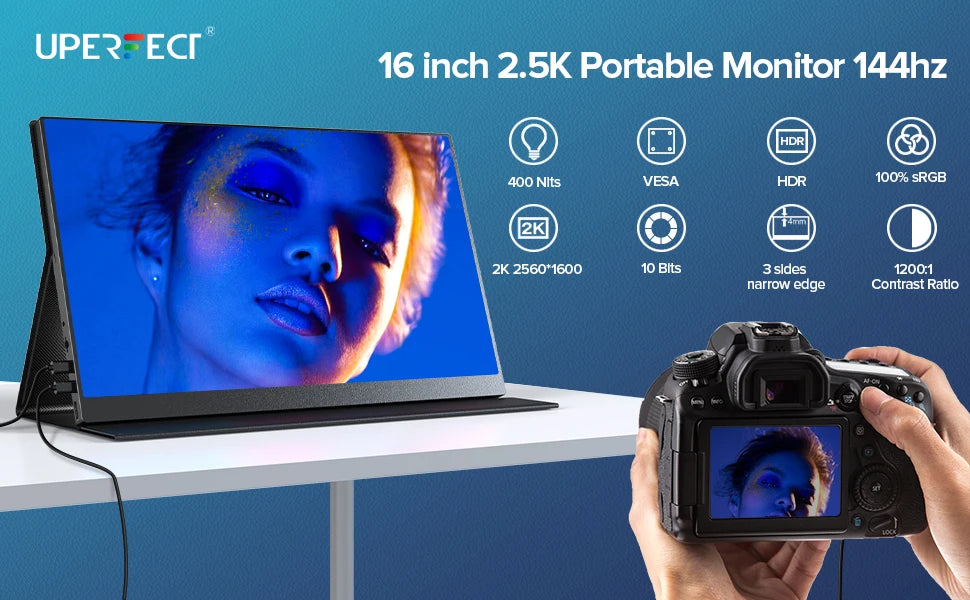 UPERFECT 2K 144Hz Gaming Monitor 16' Portable Display 100%sRGB W/HDMI USB C Screen For PS5 Steam Deck Switch XBOX Laptop PC