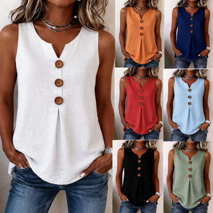 Summer 2026 Women's Blouses Fashion Button Cotton Linen Sleeveless Shirts Casual Solid Colors V-Neck Loose Plus Size Tank Tops