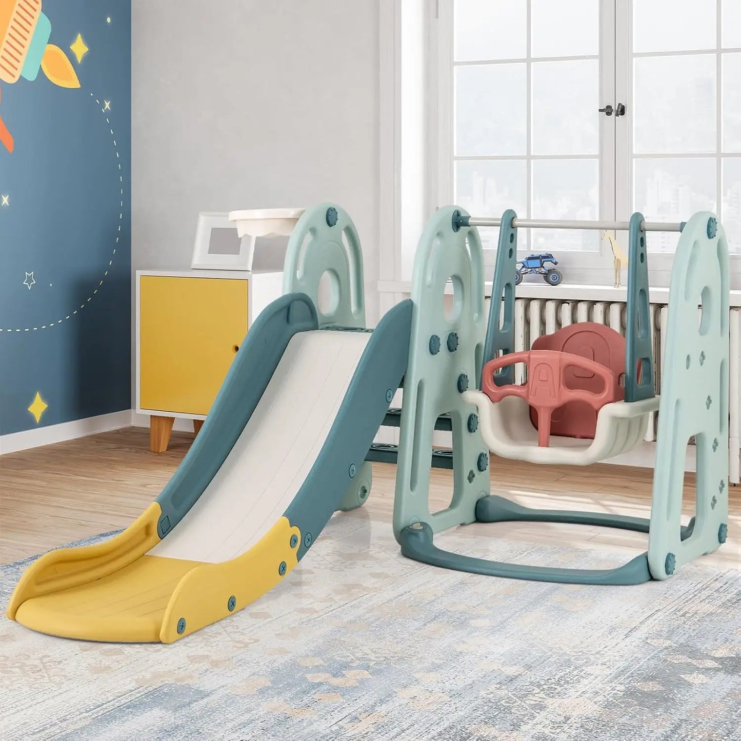 Children's Swing with Slide,Height-Adjustable Seat,4-in-1 Swing&Slide&Basketball Hoop&Ladder,for Children from 18 Months