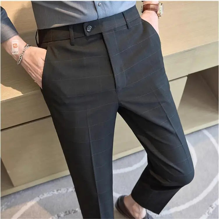 Men Plaid Wedding Dress Trousers High Quality Male Boutique Formal Wear Slim Suits Pants Men British Style Business Suit Pants
