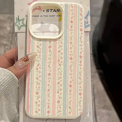 White Floral Blue & Pink Striped Minimalist Pattern Phone Case For Xiaomi Redmi Note 14 Pro Plus5G 13 12 11 10 15C 14C 13C Cover