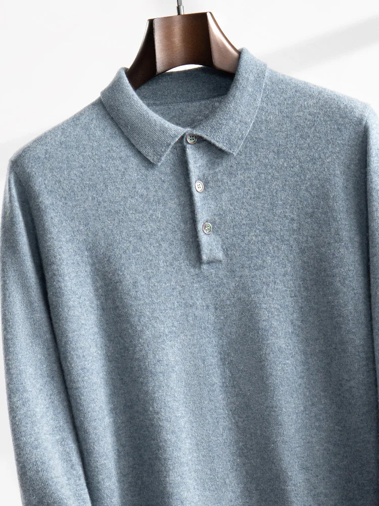 ANGEL 2024 Men's New POLO Shirt 100% Cashmere Knitted Pullover Solid Color Sweater Fall Winter Casual Business Office Jacket