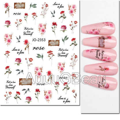3d Nails Art Decals Spring Fruits Pink Full Tips Peony Magnolia Flowers Adhesive Sliders Stickers Decoration For Nails Manicure
