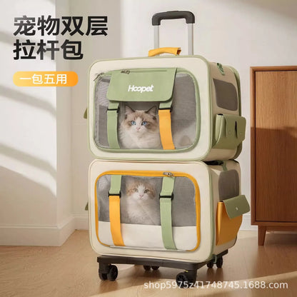 Home Cat Carrier Backpack, Dual-Compartment Pet Trolley, Spacious, Portable, Airline Travel Luggage for Multiple Cats and Dogs