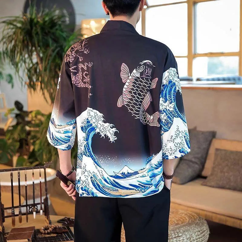 Large Size 5XL 6XL Japanese Kimono Cardigan Pants Set Print Fox Men Women Shirt Tradition Yukata Haori Obi Cosplay Costume