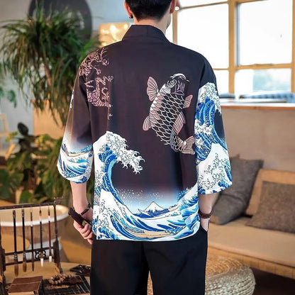 Large Size 5XL 6XL Japanese Kimono Cardigan Pants Set Print Fox Men Women Shirt Tradition Yukata Haori Obi Cosplay Costume
