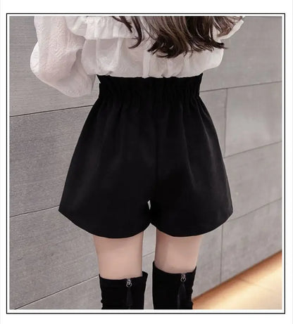 Black Woolen Shorts Women Chic Folds High Waist Design Loose Autumn Winter College Vintage Streetwear Lovely Female Classy Basic