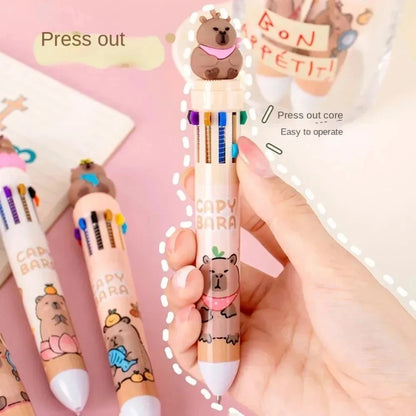 10-Color Kawaii Capybara Multifunctional Gel Pen 0.5mm Fine Tip Cute Cartoon Brown Pen for Office School Student Stationery