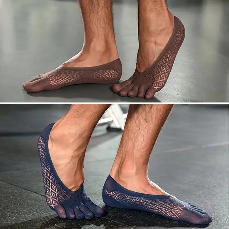 1/5 Pairs Summer Men's Invisible No Show Five Finger Socks Thin Velvet Non-Slip Mesh Breathable Elastic Solid Silk Soft