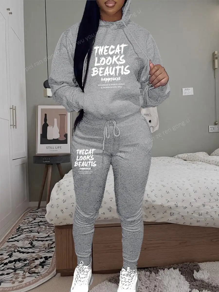 Womens TrackSuit Aesthetic Sweatshirts Sweatpants Two-piece Suit 2025 New Fleece Letter Printing Streetwear Women Hoodie Sets