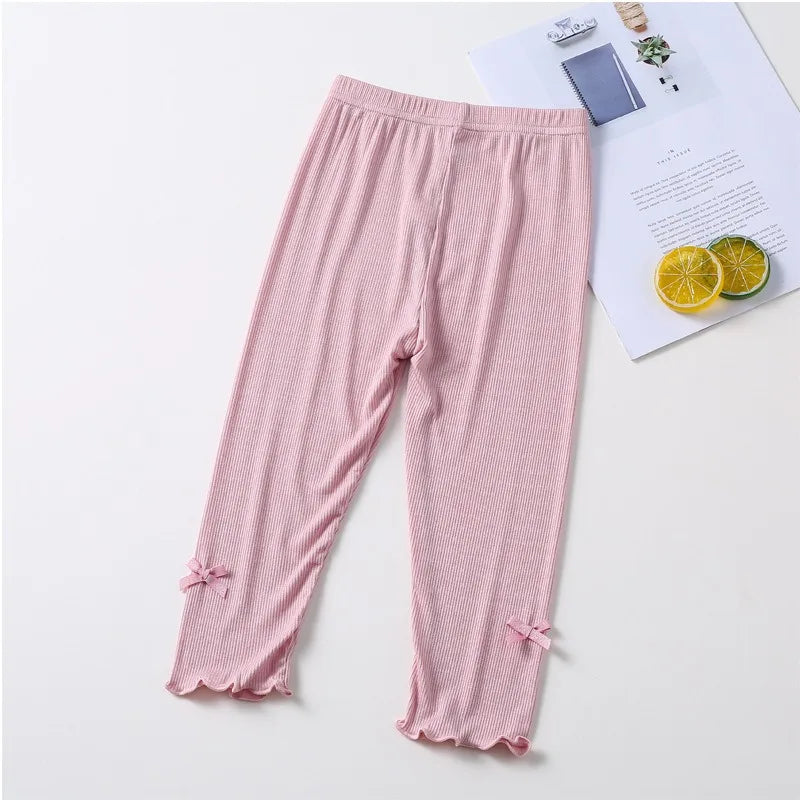 Summer 2026 kids Cropped Leggings Baby Girls Vintage Stripes Elastic Slim Lace cuffs Pants Leggings High Waist Girls Clothing