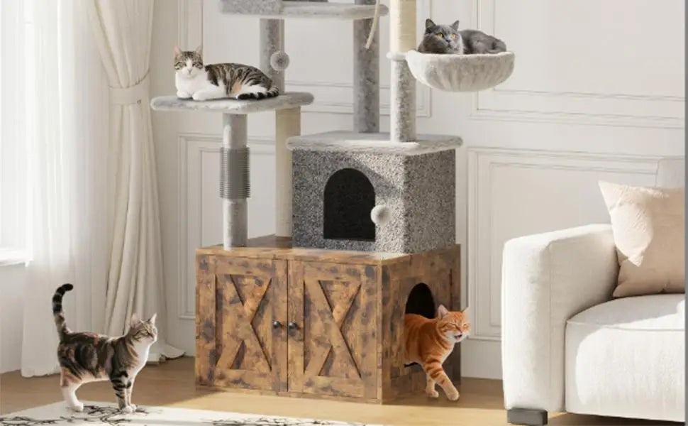 Garvee 2-in-1 Wooden Cat Tree with Hidden Litter Box Enclosure, Multi-Level Cat Tower with Scratching Posts, Cat Condo, Platforms & Hammock, Indoor Cat Washroom Furniture, Brown